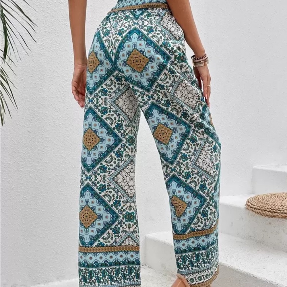 Blue and White Geometric Wide Leg Pants